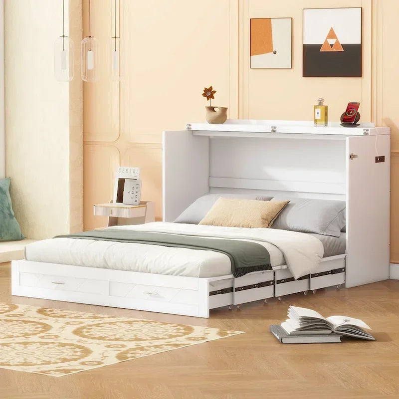 Cama Murphy de tamaño completo con cajón, tomacorrientes, puertos USB y mecanismo de polea