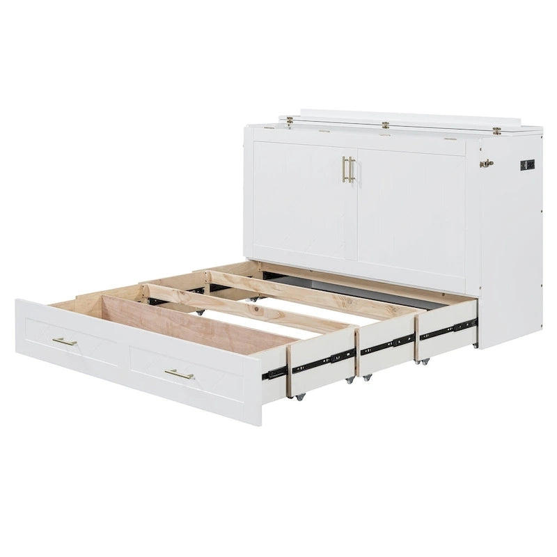 Cama Murphy de tamaño completo con cajón, tomacorrientes, puertos USB y mecanismo de polea