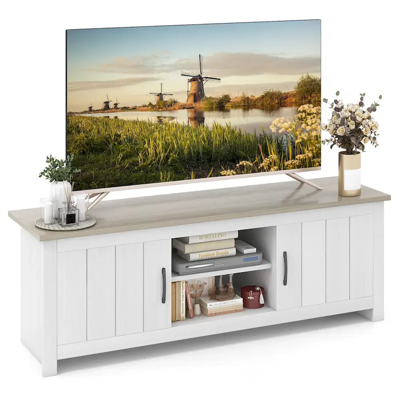 Mueble de TV estilo granja para televisores de hasta 65" con armarios de almacenamiento y estantes abiertos