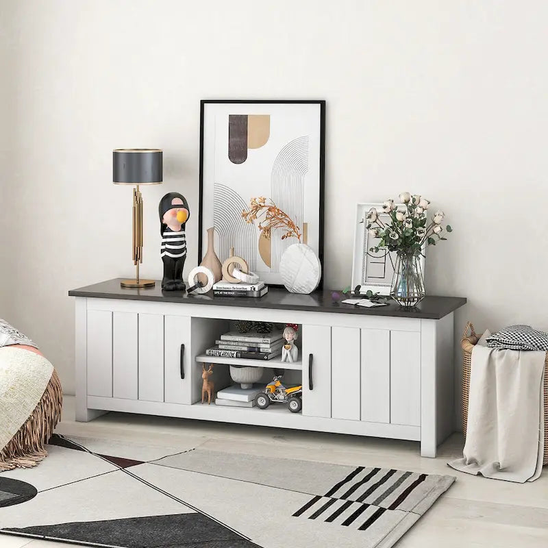 Mueble de TV estilo granja para televisores de hasta 65" con armarios de almacenamiento y estantes abiertos