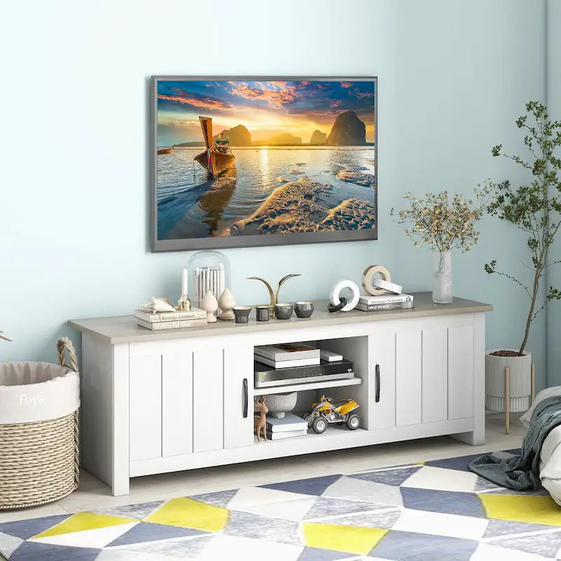 Mueble de TV estilo granja para televisores de hasta 65" con armarios de almacenamiento y estantes abiertos