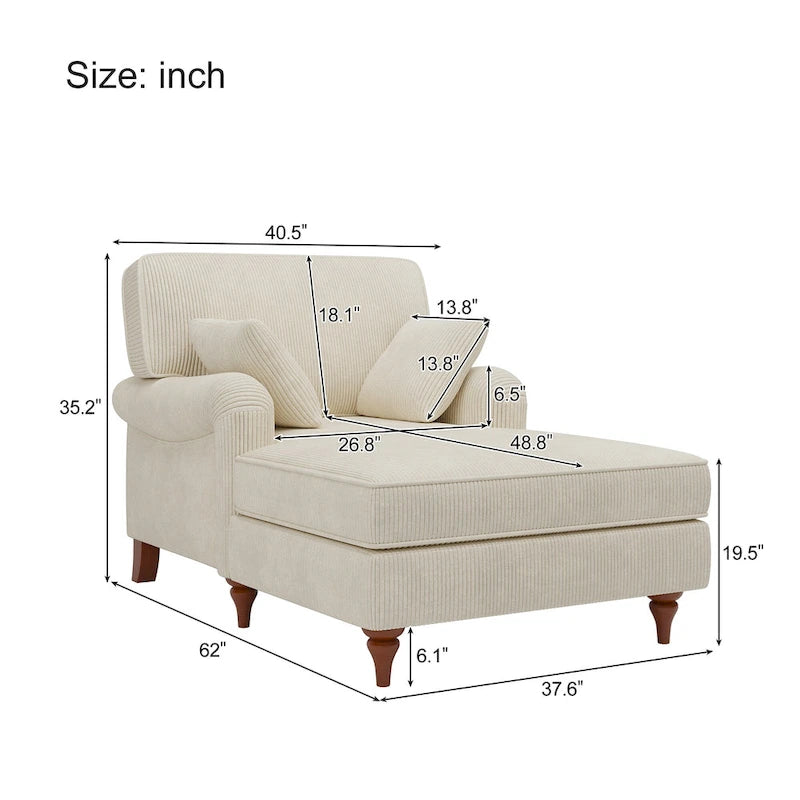 Tumbona Diván Extragrande con 2 Almohadas, Brazos Redondeados, Tela de Pana, para Sala y Dormitorio