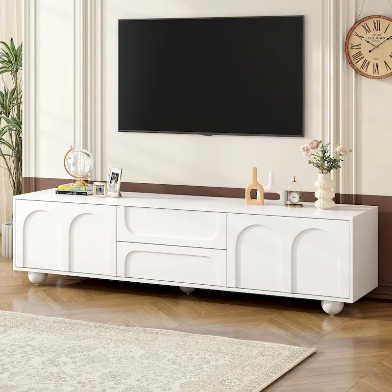 Mueble de TV con 2 armarios, 2 cajones y 5 patas redondas, apto para televisores de hasta 75 pulgadas