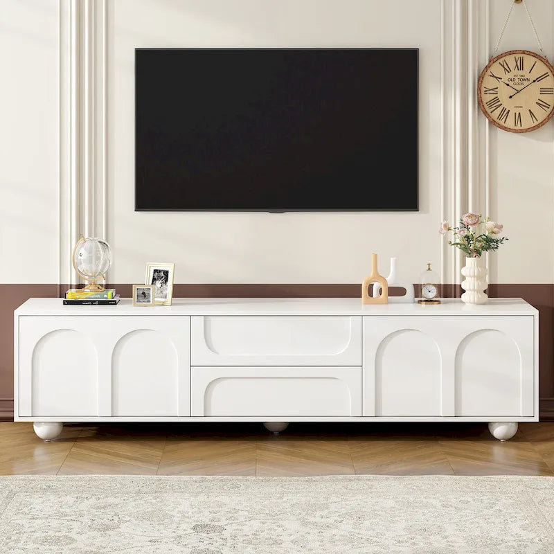 Mueble de TV con 2 armarios, 2 cajones y 5 patas redondas, apto para televisores de hasta 75 pulgadas