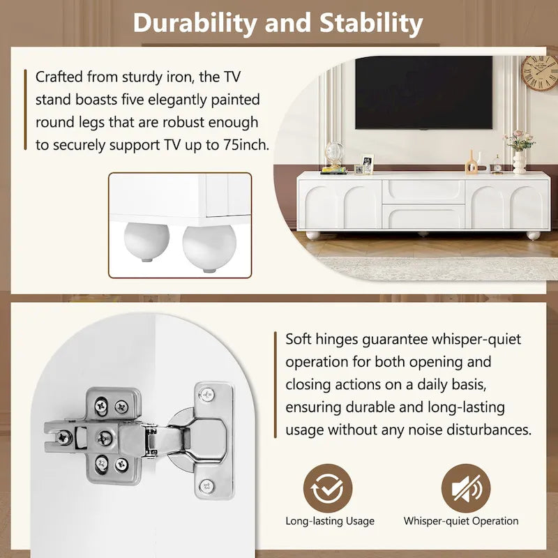 Mueble de TV con 2 armarios, 2 cajones y 5 patas redondas, apto para televisores de hasta 75 pulgadas