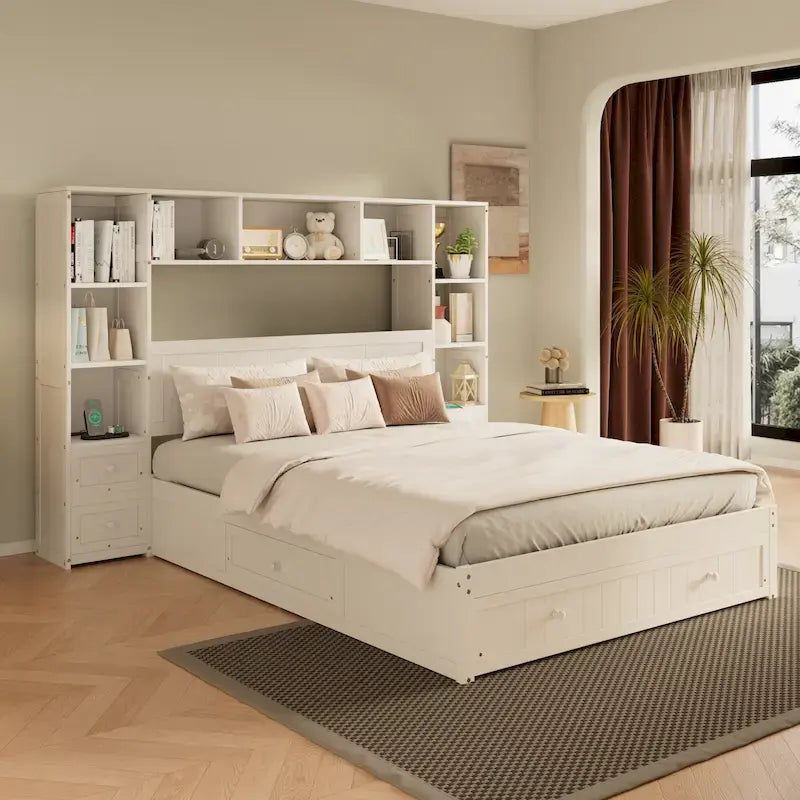 Cama de plataforma de madera de pino con cajones de almacenamiento, mesitas de noche, estantería y estaciones de carga