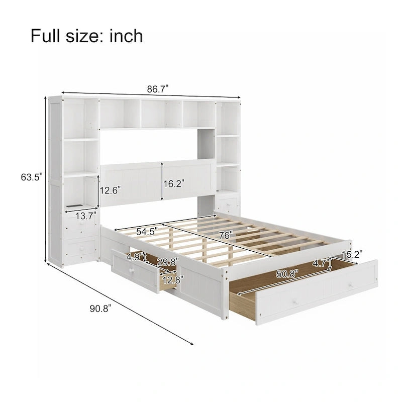 Cama de plataforma de madera de pino con cajones de almacenamiento, mesitas de noche, estantería y estaciones de carga