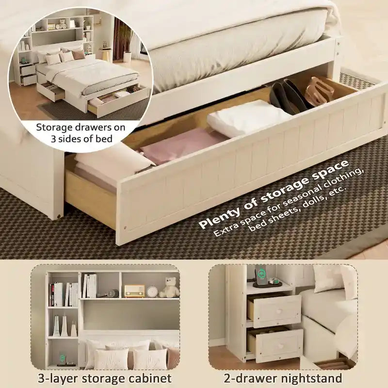 Cama de plataforma de madera de pino con cajones de almacenamiento, mesitas de noche, estantería y estaciones de carga