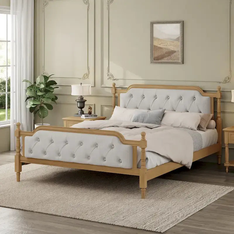 Base de cama queen size con cabecero tapizado y listones de madera