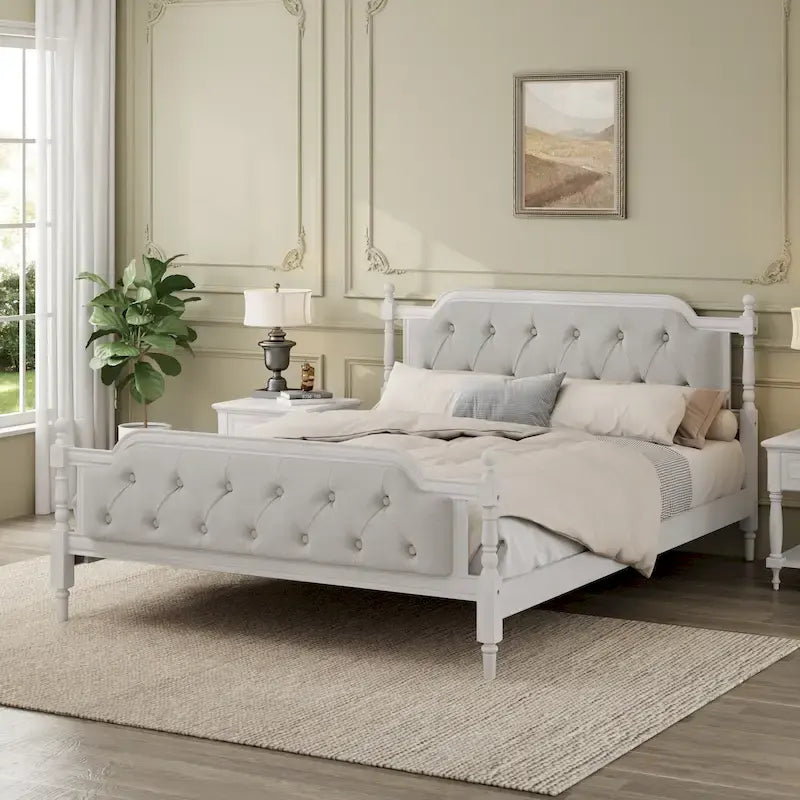 Base de cama queen size con cabecero tapizado y listones de madera