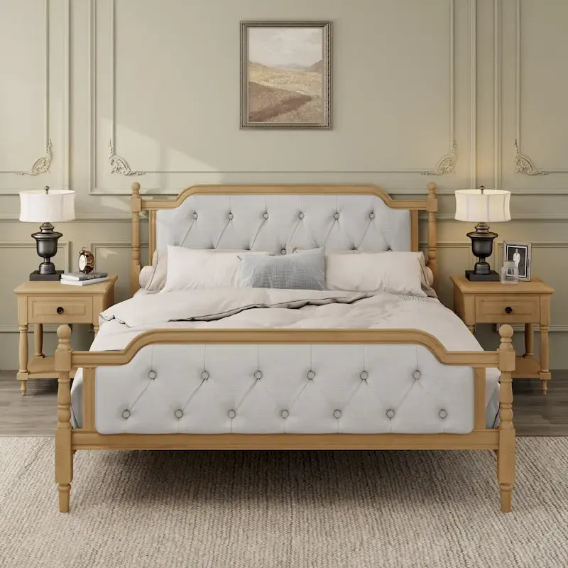 Base de cama queen size con cabecero tapizado y listones de madera