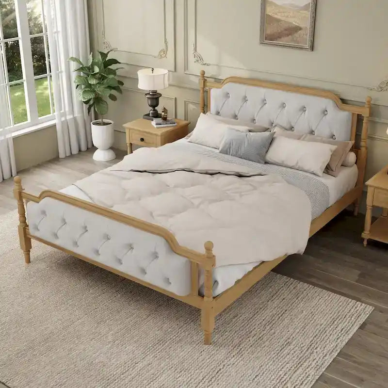 Base de cama queen size con cabecero tapizado y listones de madera