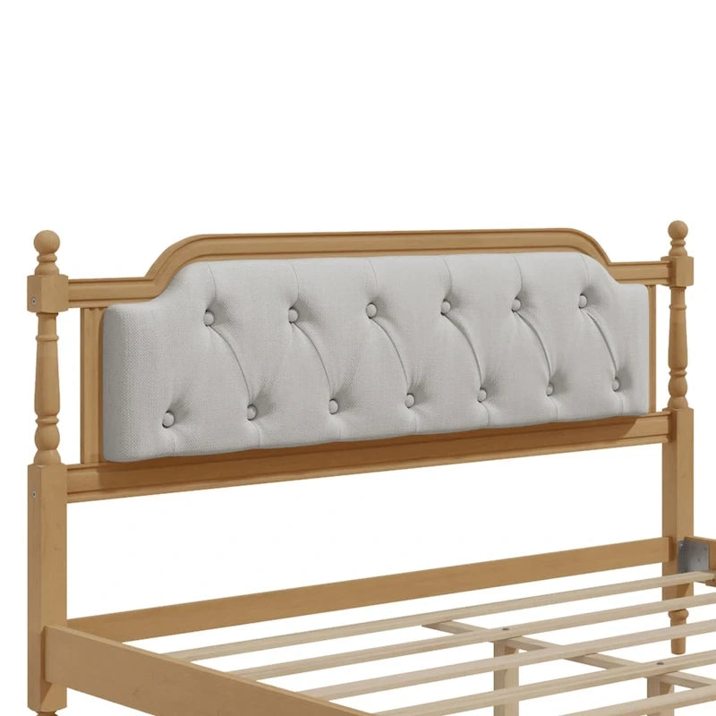Base de cama queen size con cabecero tapizado y listones de madera