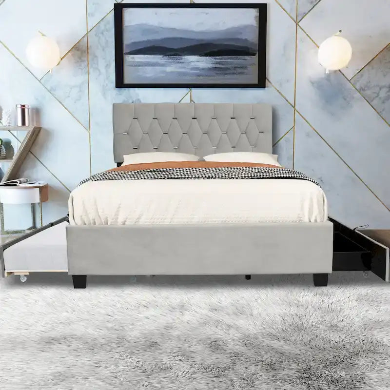 Cama tapizada tamaño Queen con cabecero capitoné, cama nido y cajones de almacenamiento
