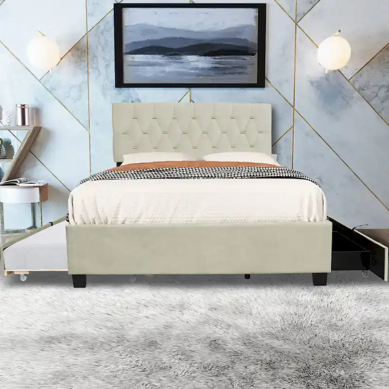 Cama tapizada tamaño Queen con cabecero capitoné, cama nido y cajones de almacenamiento