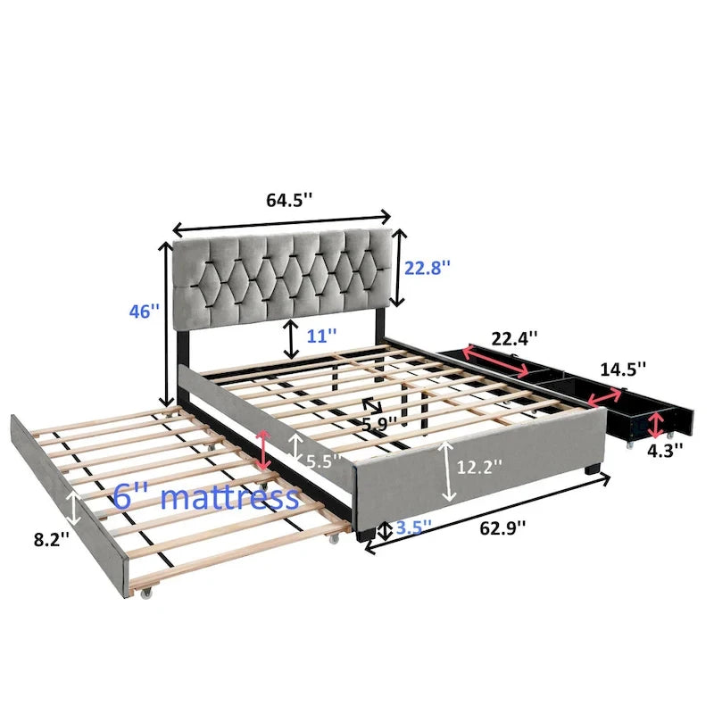 Cama tapizada tamaño Queen con cabecero capitoné, cama nido y cajones de almacenamiento