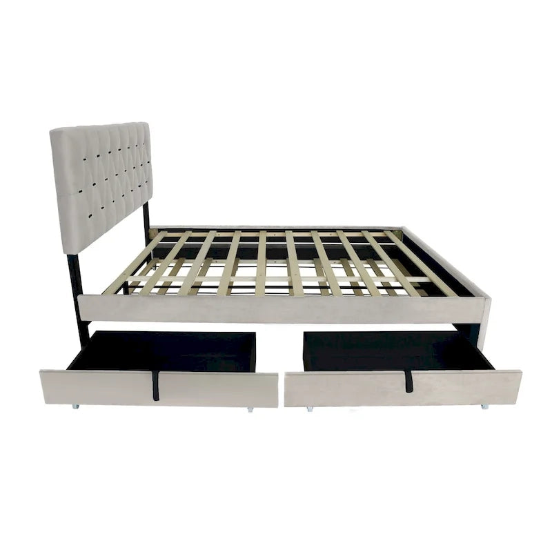 Cama tapizada tamaño Queen con cabecero capitoné, cama nido y cajones de almacenamiento