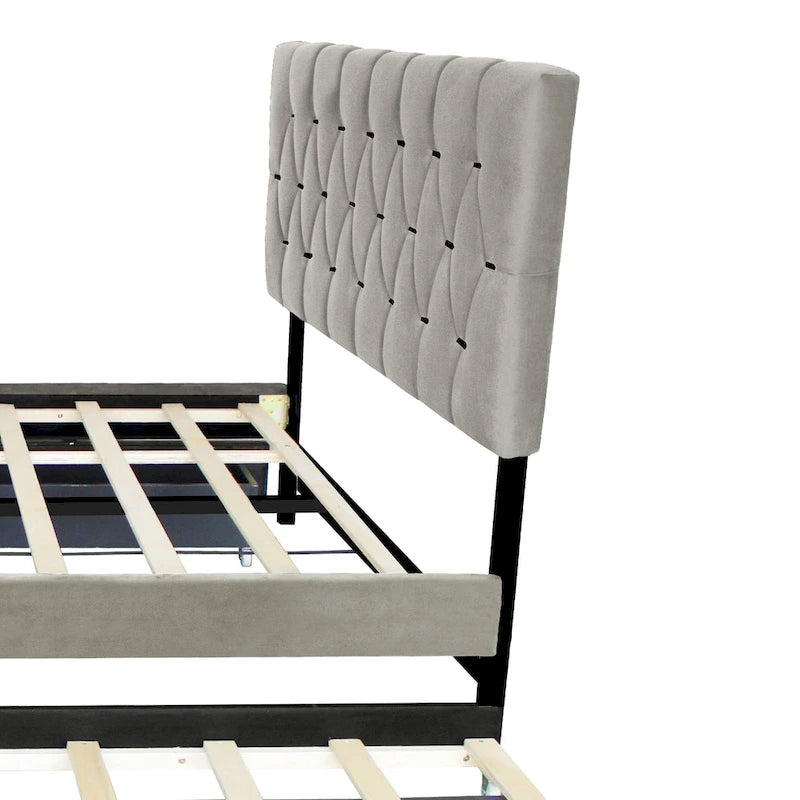 Cama tapizada tamaño Queen con cabecero capitoné, cama nido y cajones de almacenamiento
