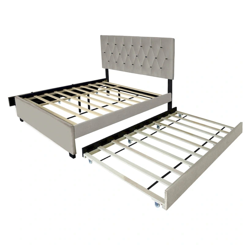 Cama tapizada tamaño Queen con cabecero capitoné, cama nido y cajones de almacenamiento