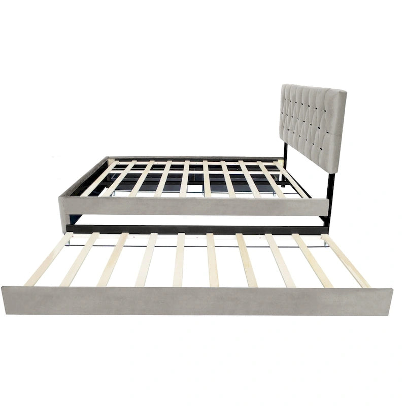 Cama tapizada tamaño Queen con cabecero capitoné, cama nido y cajones de almacenamiento