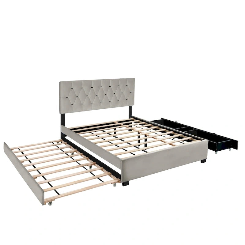 Cama tapizada tamaño Queen con cabecero capitoné, cama nido y cajones de almacenamiento