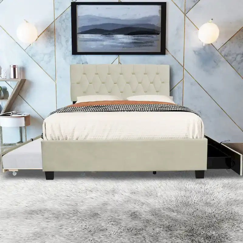 Cama tapizada tamaño Queen con cabecero capitoné, cama nido y cajones de almacenamiento
