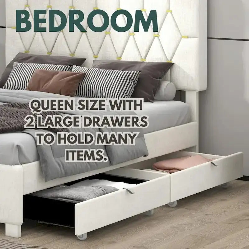 Cama tapizada tamaño Queen con cabecero capitoné, cama nido y cajones de almacenamiento