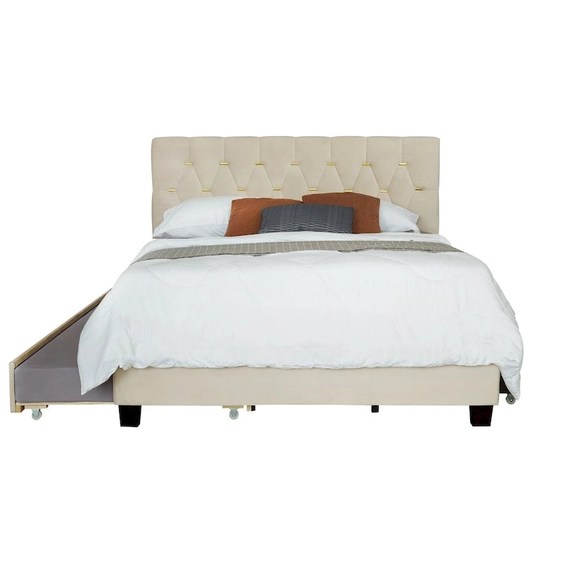 Cama tapizada tamaño Queen con cabecero capitoné, cama nido y cajones de almacenamiento