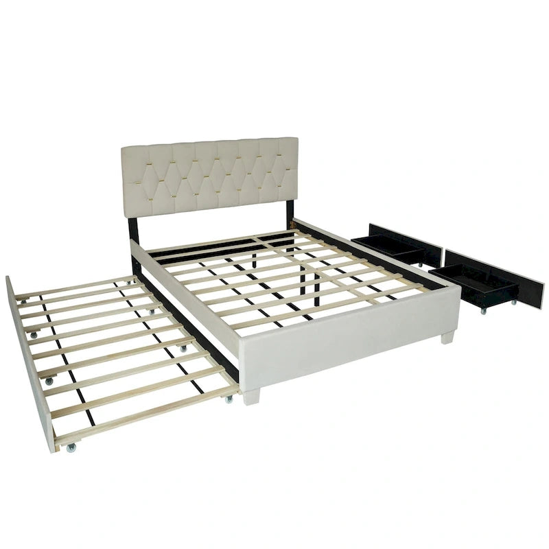 Cama tapizada tamaño Queen con cabecero capitoné, cama nido y cajones de almacenamiento