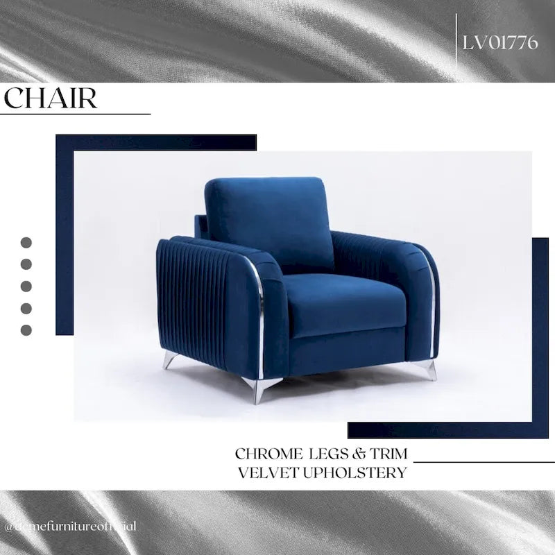 Sillón decorativo de terciopelo azul con ribete cromado y reposabrazos plisados verticales