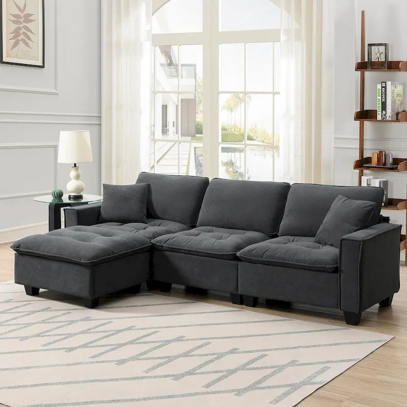 Sofá seccional convertible en forma de L de 4 asientos gris con otomana extraíble y cojines decorativos