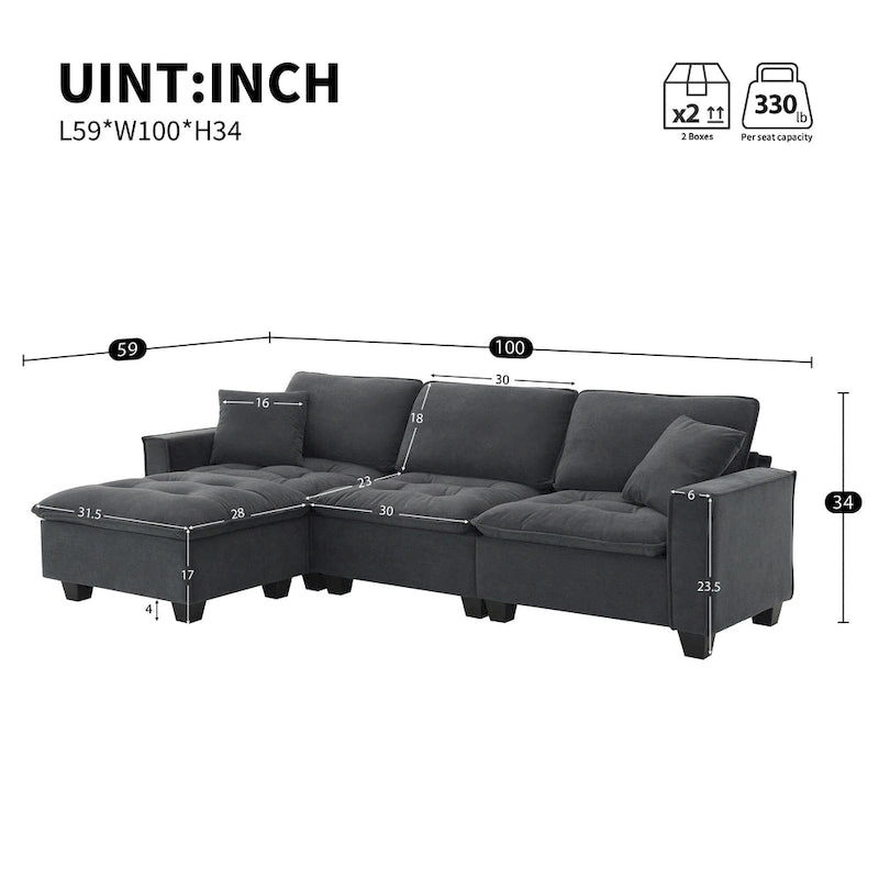 Sofá seccional convertible en forma de L de 4 asientos gris con otomana extraíble y cojines decorativos