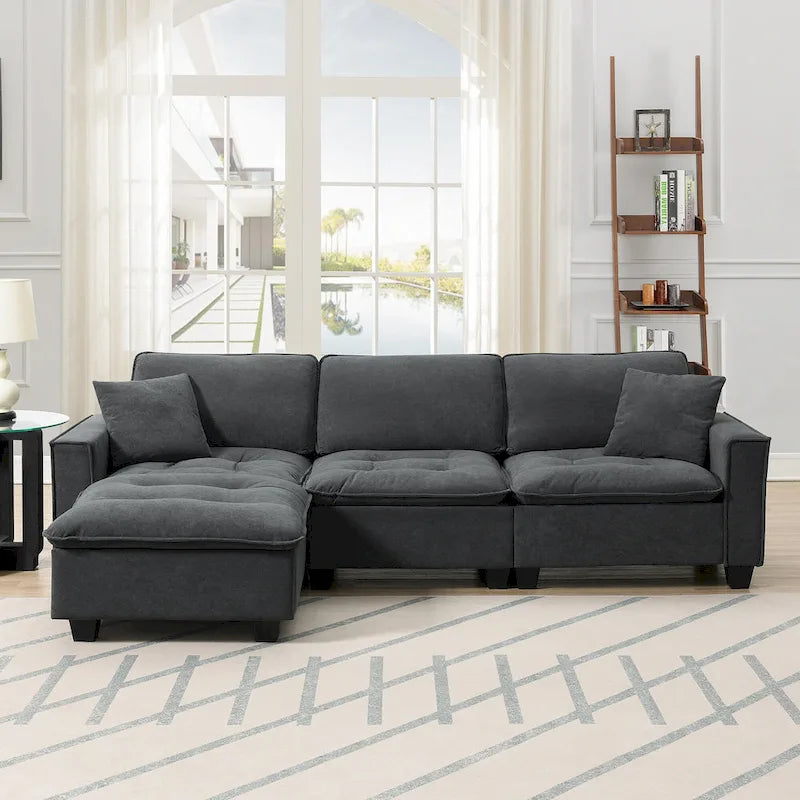 Sofá seccional convertible en forma de L de 4 asientos gris con otomana extraíble y cojines decorativos