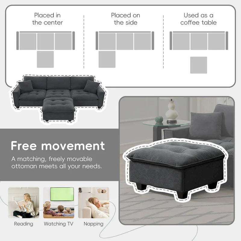 Sofá seccional convertible en forma de L de 4 asientos gris con otomana extraíble y cojines decorativos