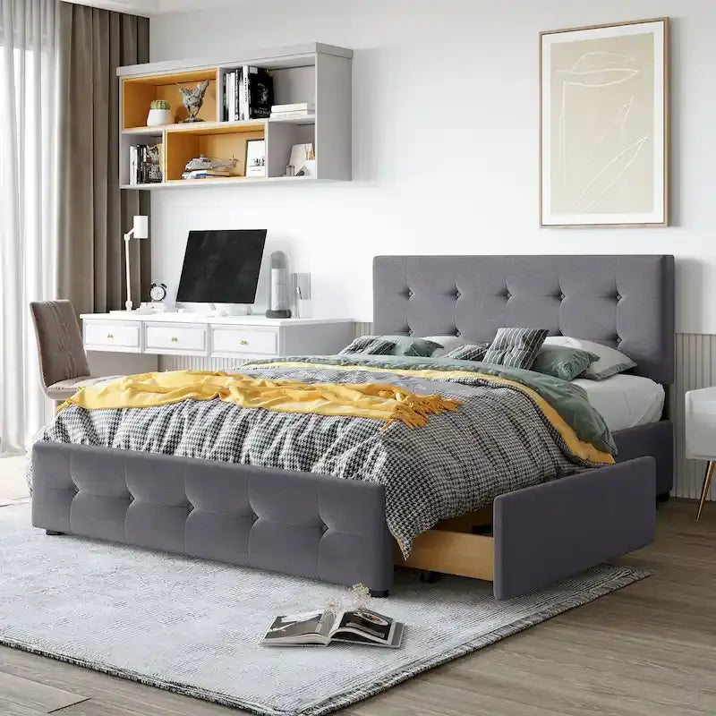 Base de cama de plataforma tapizada con botones de lino tamaño Queen con 4 cajones de almacenamiento