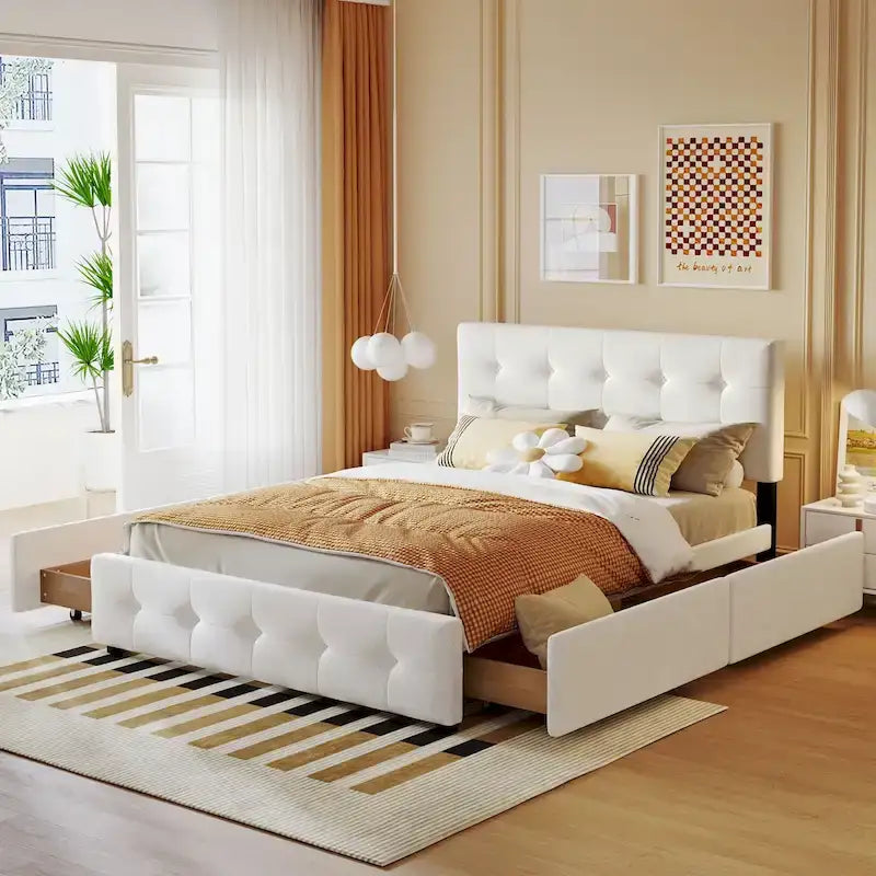 Base de cama de plataforma tapizada con botones de lino tamaño Queen con 4 cajones de almacenamiento
