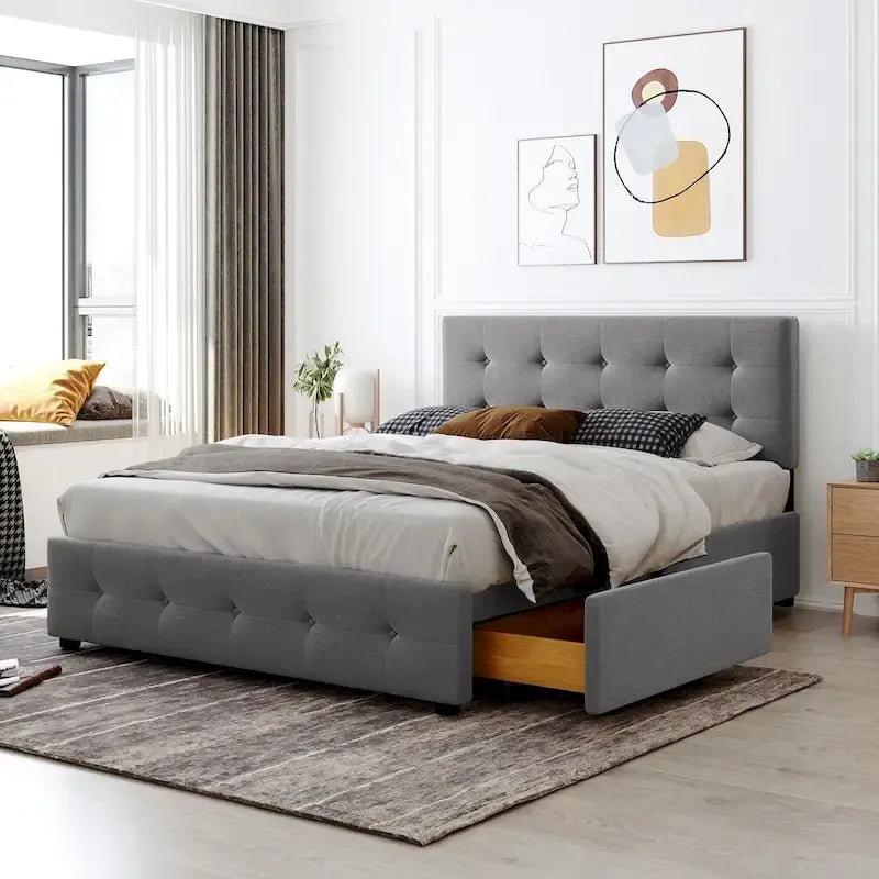 Base de cama de plataforma tapizada con botones de lino tamaño Queen con 4 cajones de almacenamiento
