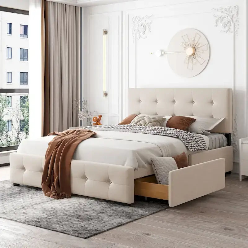 Base de cama de plataforma tapizada con botones de lino tamaño Queen con 4 cajones de almacenamiento