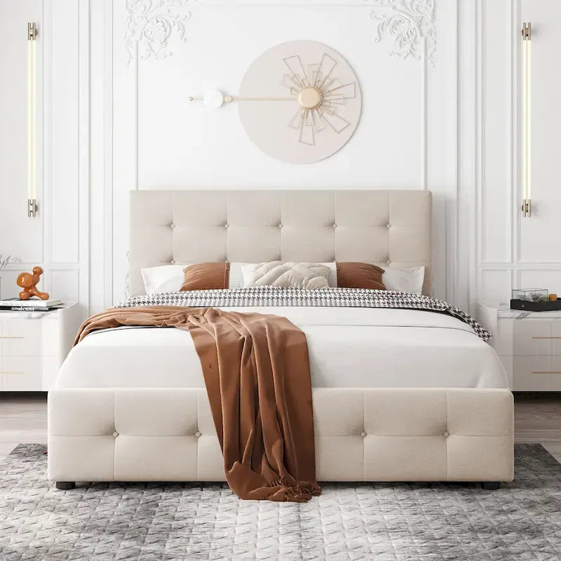 Base de cama de plataforma tapizada con botones de lino tamaño Queen con 4 cajones de almacenamiento