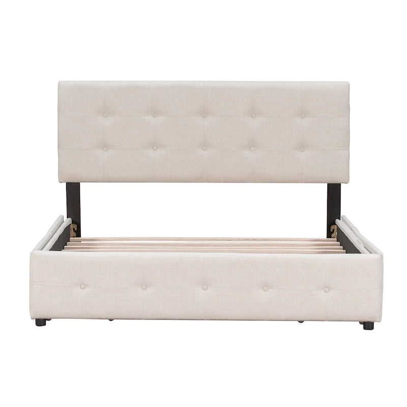 Base de cama de plataforma tapizada con botones de lino tamaño Queen con 4 cajones de almacenamiento