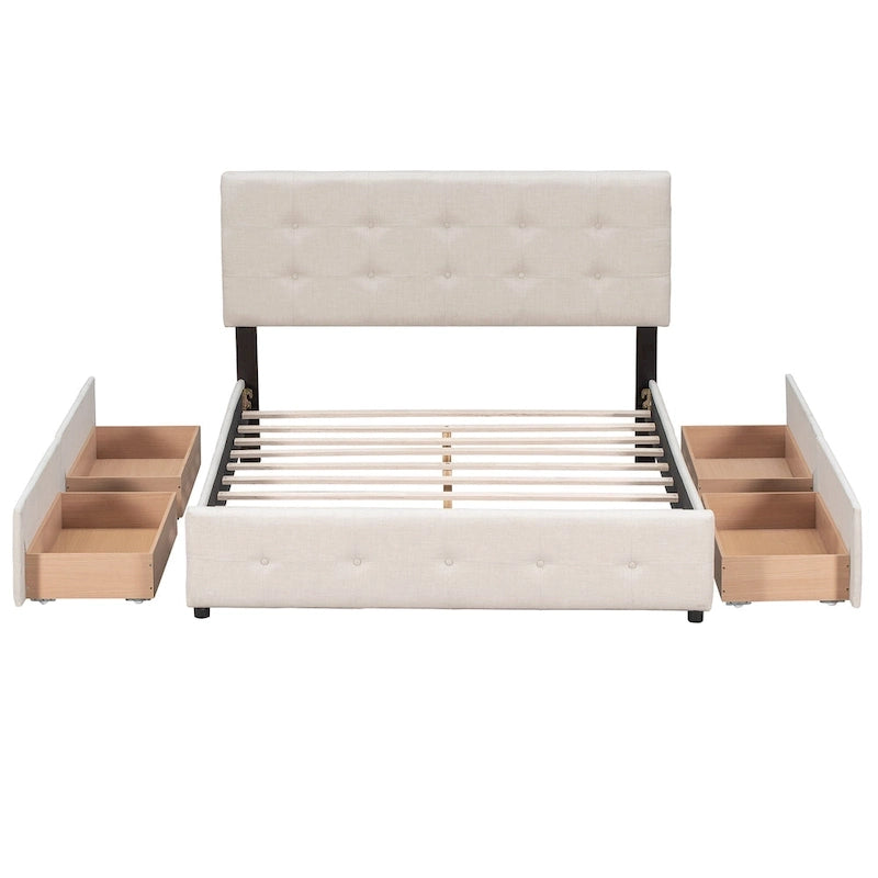 Base de cama de plataforma tapizada con botones de lino tamaño Queen con 4 cajones de almacenamiento