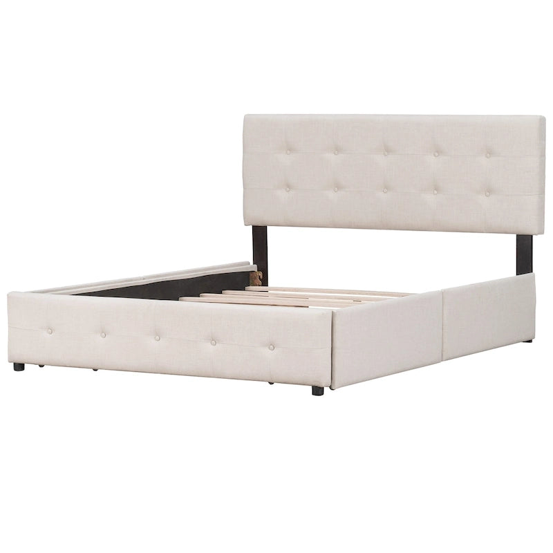 Base de cama de plataforma tapizada con botones de lino tamaño Queen con 4 cajones de almacenamiento