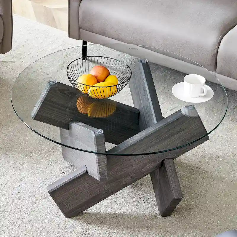 Mesa de centro redonda de cristal con tapa de vidrio templado y patas de MDF
