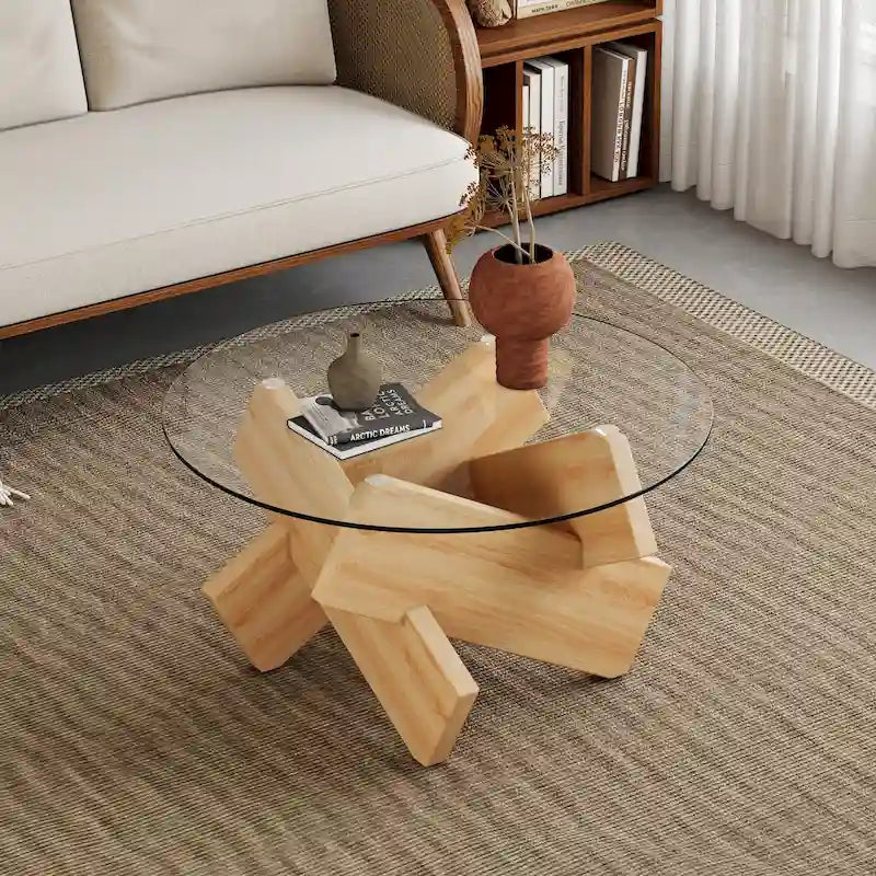 Mesa de centro redonda de cristal con tapa de vidrio templado y patas de MDF