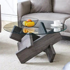 Mesa de centro redonda de cristal con tapa de vidrio templado y patas de MDF