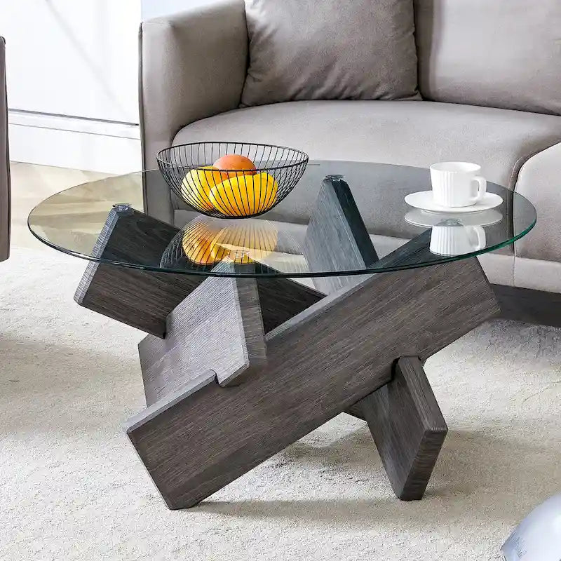 Mesa de centro redonda de cristal con tapa de vidrio templado y patas de MDF