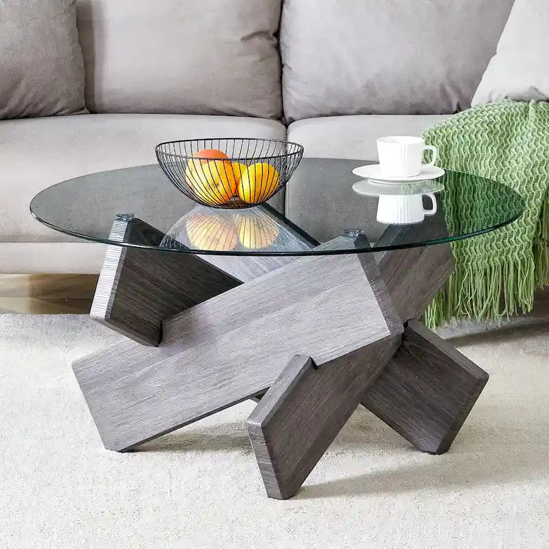 Mesa de centro redonda de cristal con tapa de vidrio templado y patas de MDF