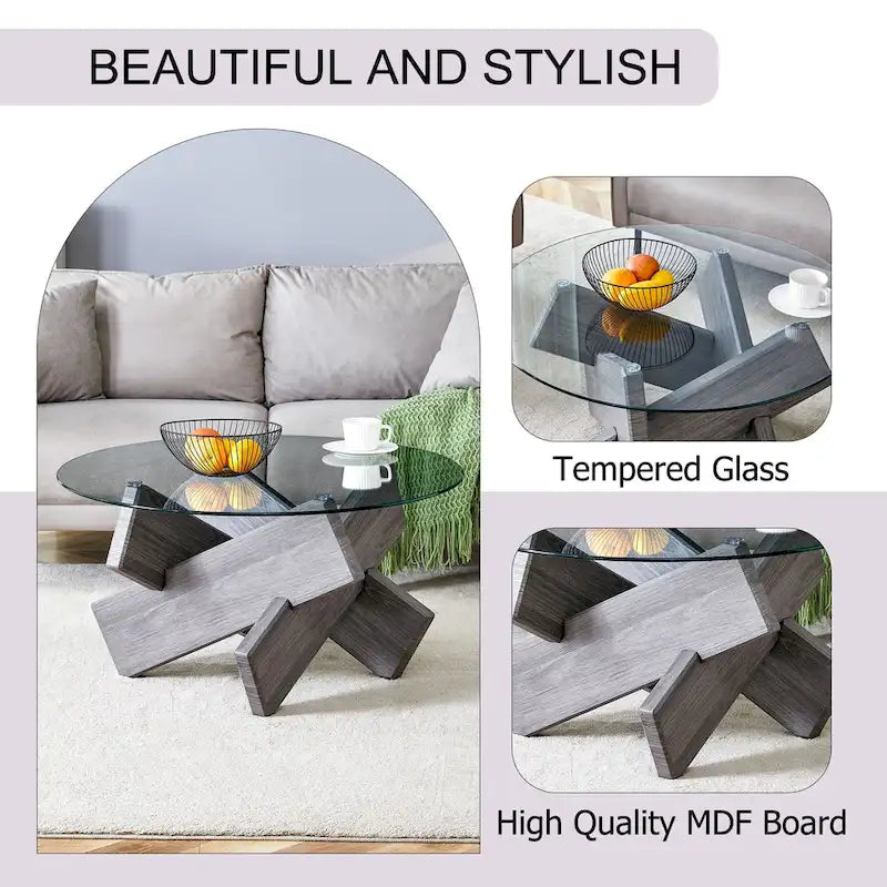 Mesa de centro redonda de cristal con tapa de vidrio templado y patas de MDF