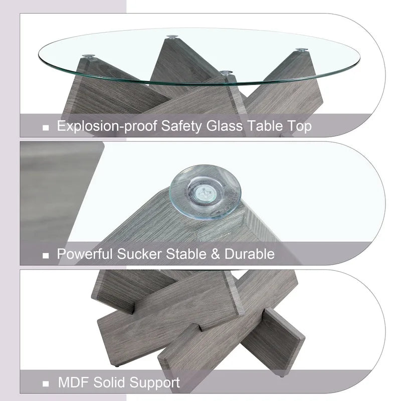 Mesa de centro redonda de cristal con tapa de vidrio templado y patas de MDF