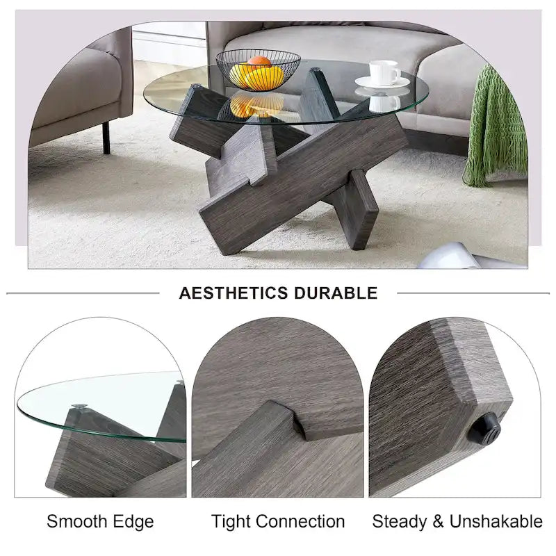 Mesa de centro redonda de cristal con tapa de vidrio templado y patas de MDF